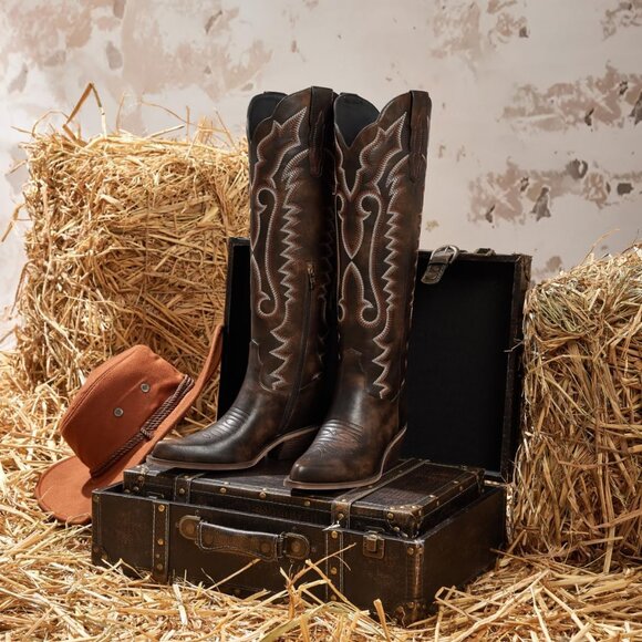 Women's Vintage Dark Brown Floral Embroidered Classic Chunky Heel Tall Boot - Picture 4 of 6